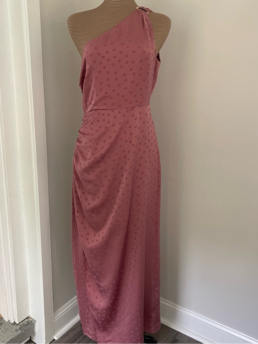 Favorite Daughter One-Shoulder Dusty Rose Polka Dot Midi Dress